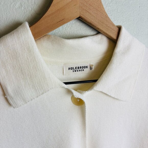 Holebrook Sweden Organic Cotton Knit Polo Sweater Top Ivory Short Sleeve  L - Picture 2 of 9
